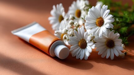 Sunscreen tube adorned with daisies sits against an orange backdrop, showcasing a fresh, clean beauty advertising vibe in a close-up view.