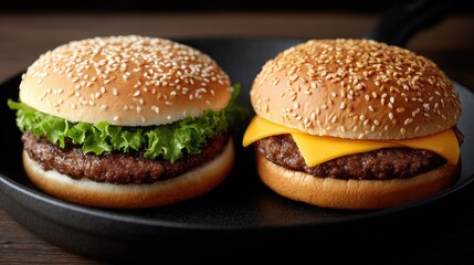 Two succulent beef cheeseburgers with melted cheese and fresh lettuce sit invitingly in a cast-iron pan, ready to enjoy