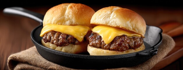 Two succulent beef cheeseburgers with melted cheese and fresh lettuce sit invitingly in a cast-iron pan, ready to enjoy
