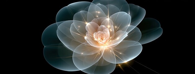 Blooming rose crafted from glowing particles showcases translucent petals, exuding a fantasy aesthetic in a darkly lit environment.