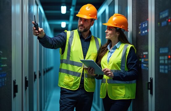 Male, female engineers collaborate in server room, discussing project on tablet. Wear hard hats, high-visibility vests, indicating safety focus. Network equipment racks line corridor, illuminated by - Powered by Adobe