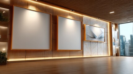 Three empty wooden frames hang on a softly lit beige wall, inviting future artwork into the art gallery space
