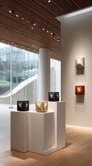 Three empty wooden frames hang on a softly lit beige wall, inviting future artwork into the art gallery space