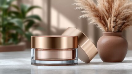Soft lighting enhances glass skin care products arranged with pampas grass in stylish vases on a wooden table