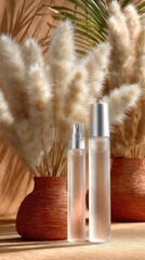 Soft lighting enhances glass skin care products arranged with pampas grass in stylish vases on a wooden table