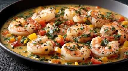 Saut ed shrimp paired with sweet yellow bell peppers in a lively orange-red sauce, beautifully garnished with fresh coriander