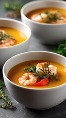 Saut ed shrimp paired with sweet yellow bell peppers in a lively orange-red sauce, beautifully garnished with fresh coriander