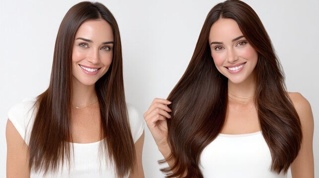 Showcasing a stunning hair transformation, the subject moves from frizzy hair to sleek, shiny long tresses, radiating confidence