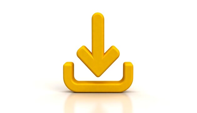 A 3D rendered illustration showcases a golden download icon, set against a stark white backdrop. The arrow points downwards into a rectangular receptacle, and a subtle ground reflection adds depth