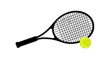 Tennis racket and ball silhouette on white background for sports design
