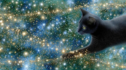 A cat composed of shimmering stars moves gracefully across a dark night sky filled with ethereal light trails and cosmic energy