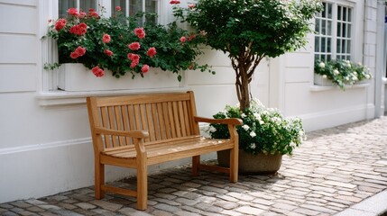 Sunlight casts shadows on a wooden bench resting beneath a blooming rose tree, adjacent to a bright white wall on a calm street