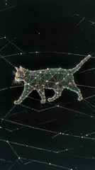 A cat composed of shimmering stars moves gracefully across a dark night sky filled with ethereal light trails and cosmic energy