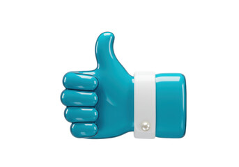 Isolated rendering of thumbs up gesture in blue, indicating approval and positivity