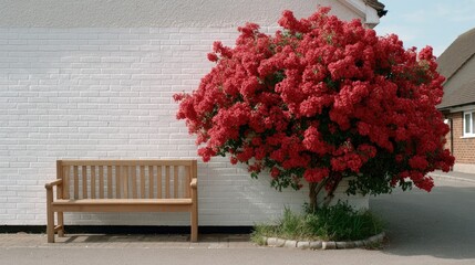 Sunlight casts shadows on a wooden bench resting beneath a blooming rose tree, adjacent to a bright white wall on a calm street