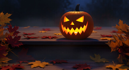 Illuminated jack-o'-lantern on wooden surface with autumn leaves