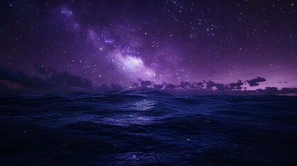 Dark Ocean Waves Beneath a Purple Starry Sky with Nebula water photo