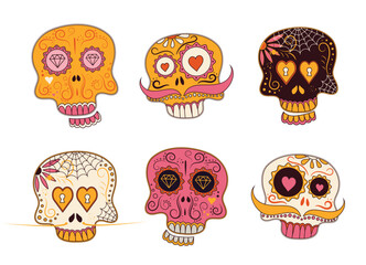 Cute happy sugar skulls set for Halloween or Day of the Dead. For Day of the Dead or Halloween design. Vector illustration.