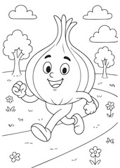 coloring book page of garlic character jogging happily outdoors in the park.