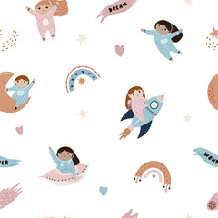 Seamless Cosmic Pattern with Cute Astronaut Girls, Rockets Planets Stars and Space Elements