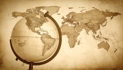 Vintage world map with a globe.  Old-style geography