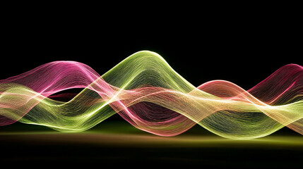 Vivid green and pink neon light streaks flowing across a dark background, creating a vibrant abstract pattern of glowing motion and energy.