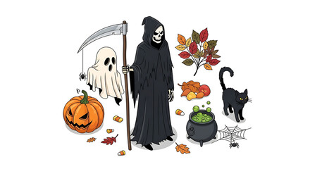 Halloween still life with grim reaper, ghost, pumpkin, and black cat
