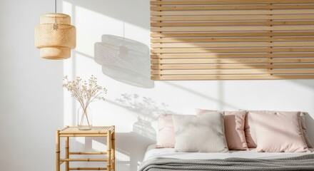 Minimalist bedroom with soft pink pillows and wooden accents in natural light