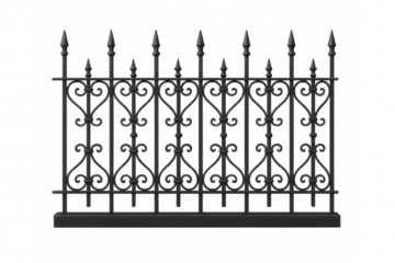 Ornate black wrought iron fence with transparent background