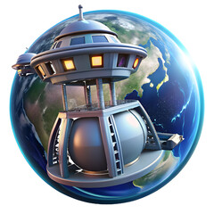 Futuristic Space Station Orbiting Planet Earth isolated on a transparent background