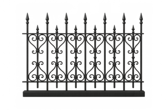 Ornate black wrought iron fence with transparent background