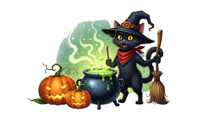 Halloween black cat with cauldron, pumpkins, and broomstick isolated on transparent background