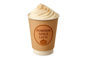 Pumpkin spice latte in a disposable paper cup with whipped cream and transparent background