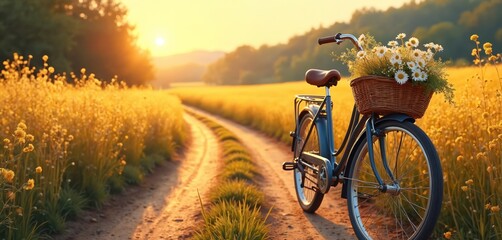 Fototapeta premium Rustic bicycle with wildflower bouquet in basket rests on golden field dirt road. Warm sunlit panorama evokes nostalgic, peaceful rural countryside. Dreamy impressionist landscape, horizontal banner.