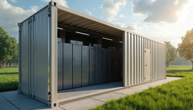 Modern containerized data center with secure infrastructure. Server racks housed in shipping container unit, set in green outdoor environment. Efficient technology for data storage, processing. - Powered by Adobe