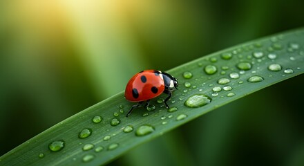 Fototapeta premium Close up of a ladybug with black spots resting on a green leaf covered in water droplets outdoors