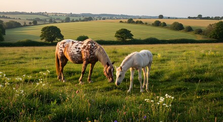 Fototapeta premium Two horses grazing in a field with rolling hills and trees in the background on a sunny day scene