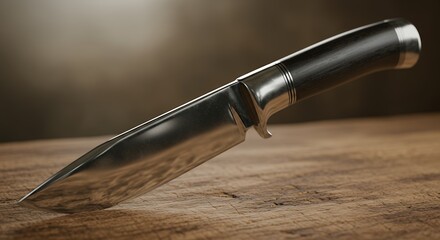 Naklejka premium Close up of a stainless steel knife on a wooden surface with soft lighting