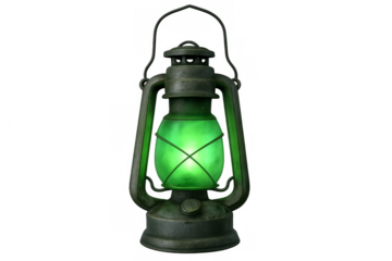 Kerosene lantern with green light emitting a glowing illumination on transparent background