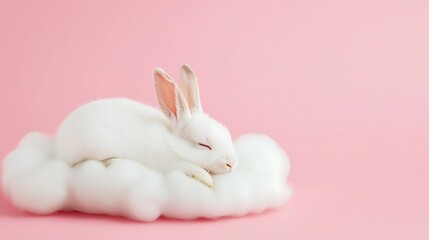 Pet fluencer White Bunny Sleeping on Cotton Cloud with Pink Background