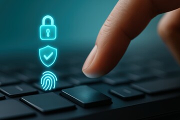 A finger presses the enter key of a keyboard, with security icons in the background, highlighting the importance of digital security