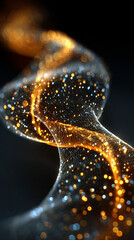 Abstract digital grid with flowing waves and glowing particles forming an atomic model, symbolizing science, technology, and futuristic energy.