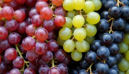 Top-down close-up mix of vibrant red, green, purple grapes. Fresh, ripe berries cluster together, suggesting bountiful harvest, origins of wine. Juicy fruit offers sweet, healthy dessert option,