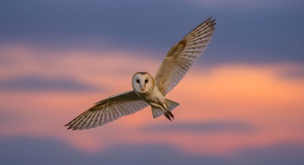 Obraz premium A barn owl flying against a colorful sunset sky spreading its wings in the evening light