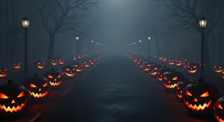 Halloween night: a path lined with glowing jack-o'-lanterns