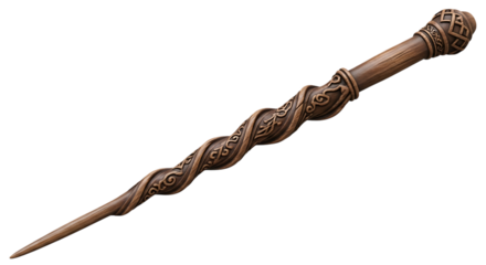 Ornate wooden magic wand with intricate carvings isolated on transparent background