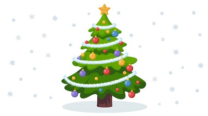 Festive Christmas Tree with Ornaments and Star against a Snowy Backdrop Creating a Holiday Ambiance and Cheerful Mood