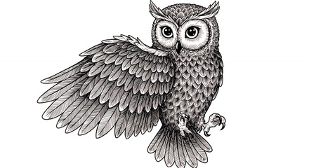 Owl illustration depicting winged flight against white background