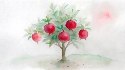 Watercolor painting of a pomegranate tree with red fruits isolated on white background