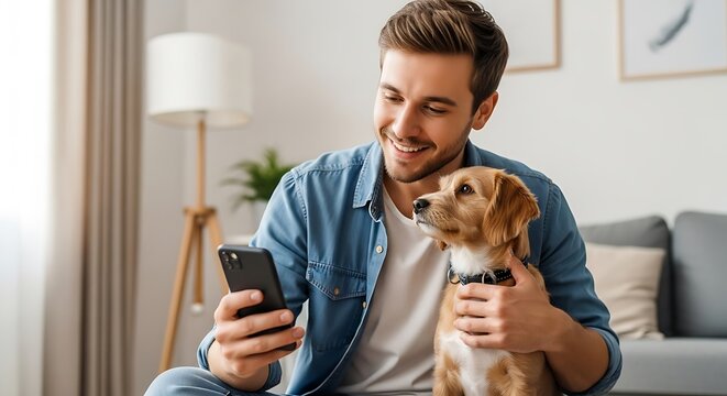 Man with dog using smartphone at home.